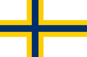 Sverigefinländarnas flagga, blått kors i gult kors på vit bakgrund.